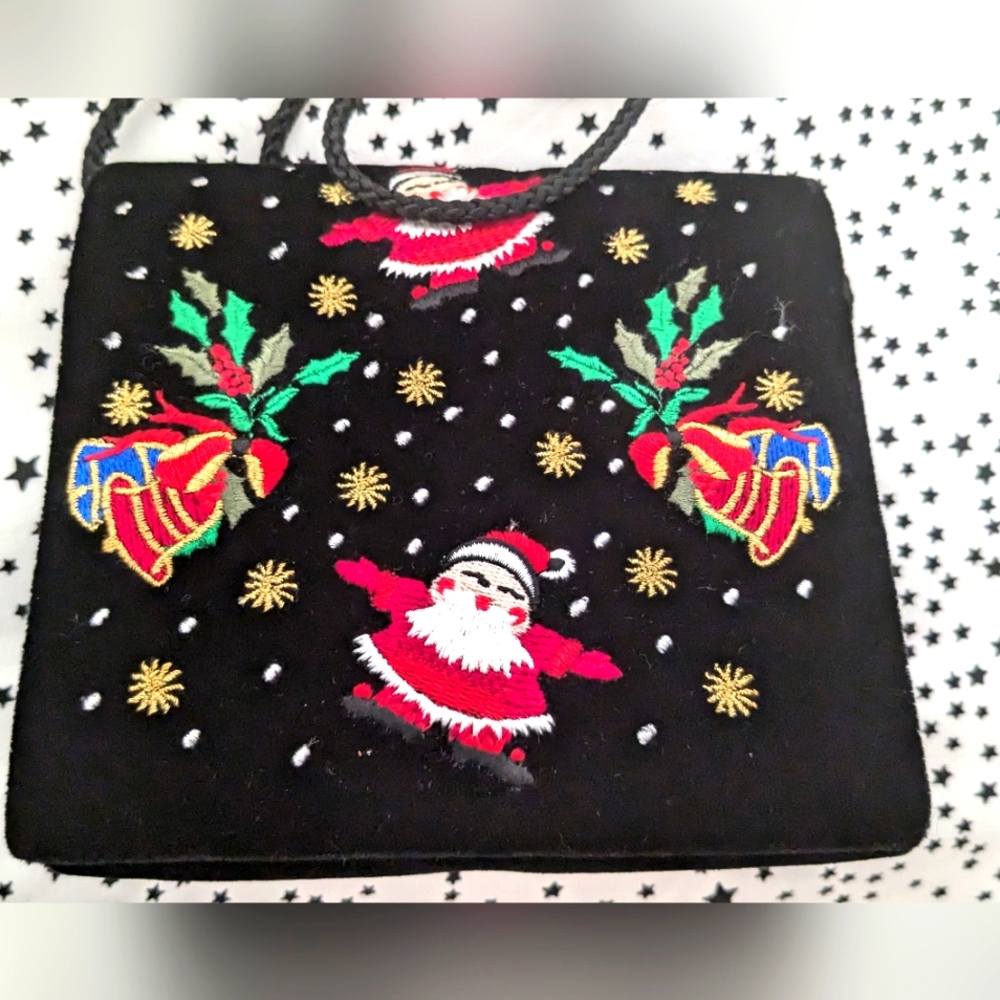 Vintage Christmas Santa Amanda Smith Velvet embroidered Crossbody Purse Bag